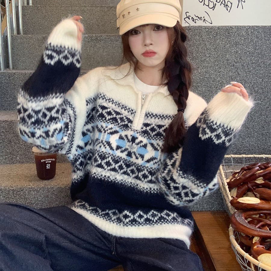 레트로 가을 겨울 새로운 공정한 섬 느긋한 하프 지퍼 두꺼운 스웨터 폴로 칼라 루즈핏 자카드 니트 스웨터 맨위 재킷 이미지 5