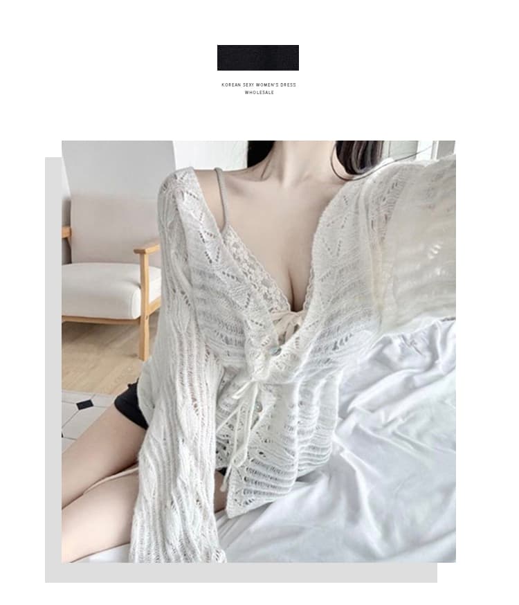 한국 동대문 부드러운 섹시함 여성 순수한 욕망 바람 홀로우 아웃 깊은 v 레이스업 허리 수축 니트 오픈 가디건 맨위 여성 상세 이미지 1