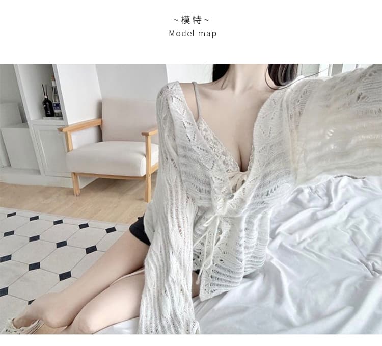 한국 동대문 부드러운 섹시함 여성 순수한 욕망 바람 홀로우 아웃 깊은 v 레이스업 허리 수축 니트 오픈 가디건 맨위 여성 상세 이미지 6