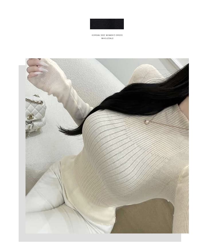 한국 동대문 단색 패션 다용도 섹시함 디스플레이 몸 몸매 가꾸기 슬림해 보이는 만나는 긴팔 니트 스웨터 맨위 여성 상세 이미지 1