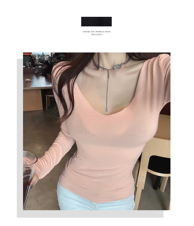 한국 동대문 부드럽다 프로 피부 다용도 섹시함 여성 낮은 네크라인 타이트 슬림해 보이는 긴팔 기본 셔츠 티셔츠 여성 상세 이미지 1