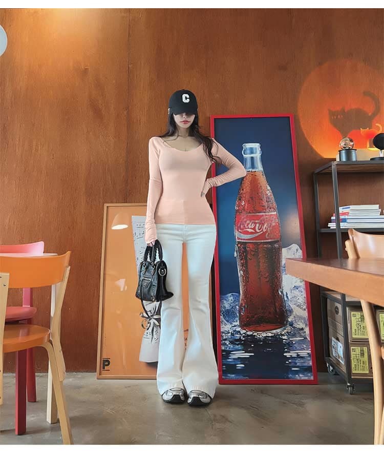 한국 동대문 부드럽다 프로 피부 다용도 섹시함 여성 낮은 네크라인 타이트 슬림해 보이는 긴팔 기본 셔츠 티셔츠 여성 상세 이미지 9