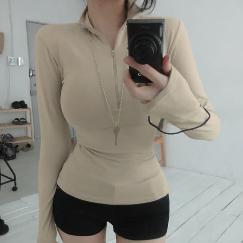 한국 동대문 패션 섹시함 핫걸 디스플레이 몸 순수한 욕망 바람 타이트 긴팔 티셔츠 운동 요가 맨위 여성 이미지 2