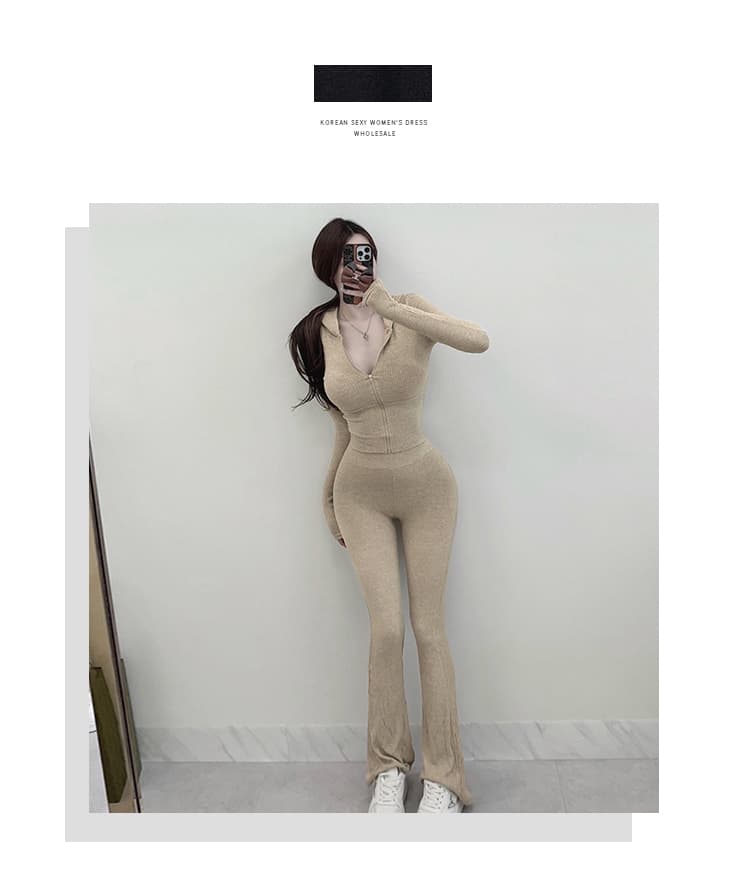 한국 동대문 섹시함 핫걸 바람 지퍼 후드 맨위 긴 바지 두 조각 여성 세트 몸매 가꾸기 디스플레이 몸 세트 상세 이미지 1