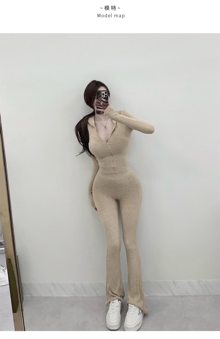 한국 동대문 섹시함 핫걸 바람 지퍼 후드 맨위 긴 바지 두 조각 여성 세트 몸매 가꾸기 디스플레이 몸 세트 상세 이미지 6