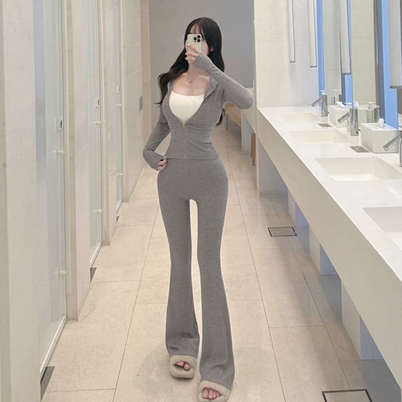 한국 동대문 몸매 가꾸기 섹시함 지퍼 후드 재킷 부츠컷 하이웨이스트 긴 바지 디스플레이 몸 패션 세트 여성