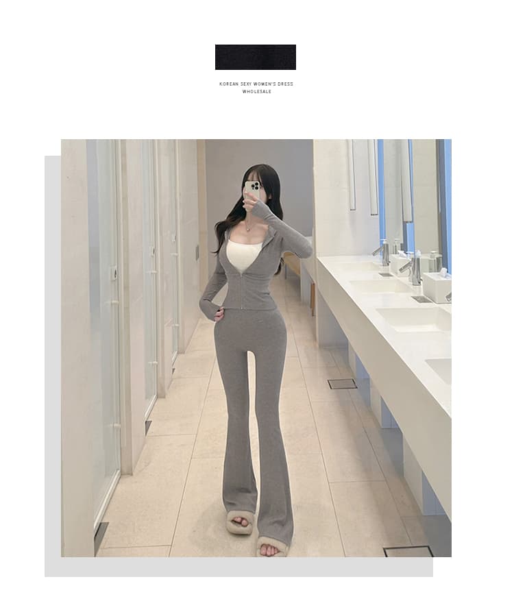한국 동대문 몸매 가꾸기 섹시함 지퍼 후드 재킷 부츠컷 하이웨이스트 긴 바지 디스플레이 몸 패션 세트 여성 상세 이미지 1