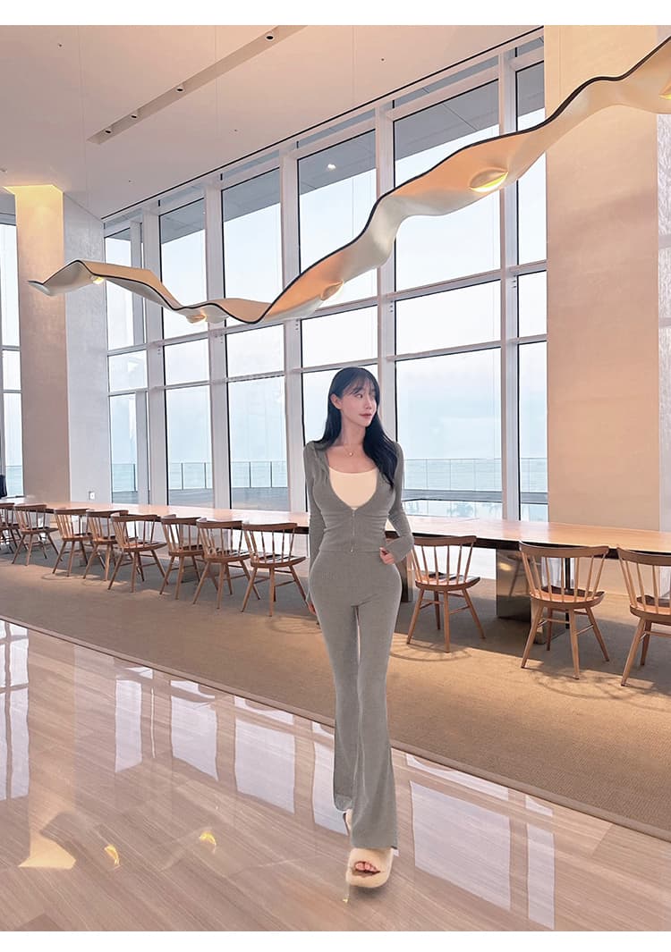 한국 동대문 몸매 가꾸기 섹시함 지퍼 후드 재킷 부츠컷 하이웨이스트 긴 바지 디스플레이 몸 패션 세트 여성 상세 이미지 10