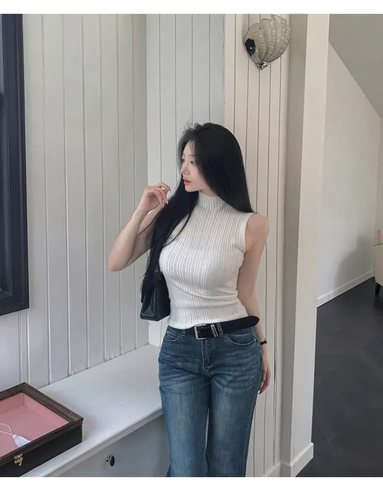 한국 동대문 단색 수직 기사 니트 조끼 여성 몸매 가꾸기 슬림해 보이는 다용도 섹시함 품격 민소매 맨위 트렌디 상세 이미지 9