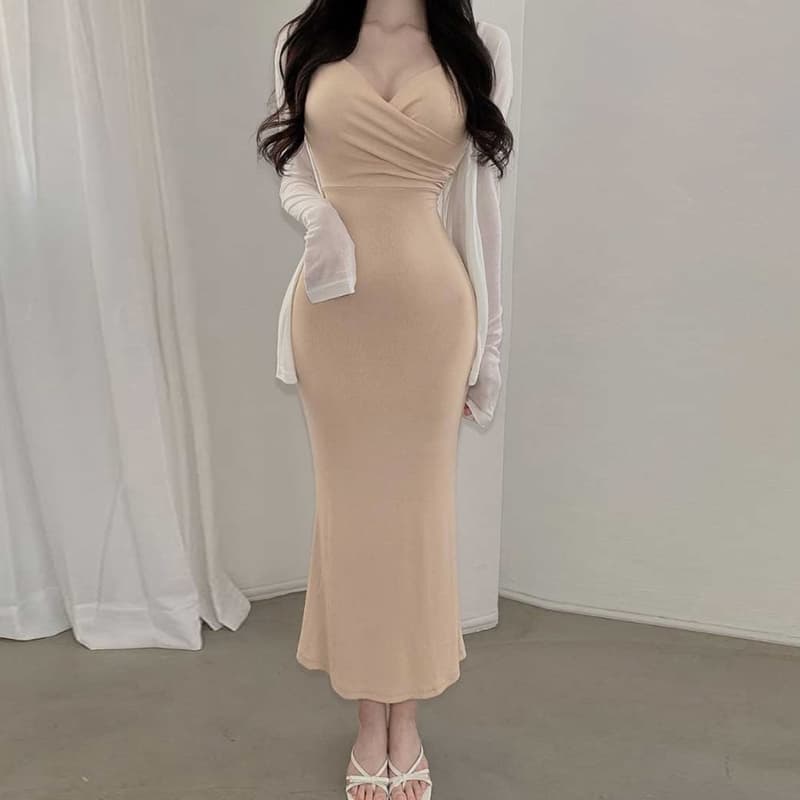 한국 동대문 품격 명문 여성 바람 V넥 섹시함 허리 수축 디스플레이 몸 여성 롱 코트 슬립 여성 드레스 이미지 2