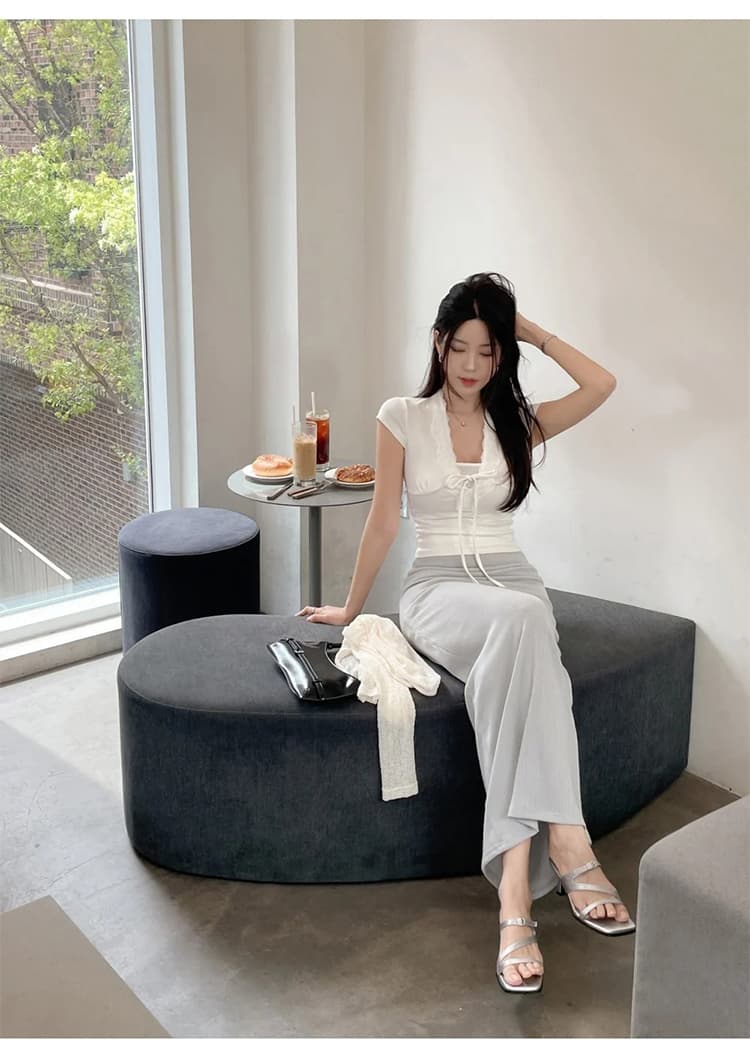 한국 동대문 한 부서 품격 레이스 레이스 몸매 가꾸기 슬림해 보이는 섹시함 다용도 쇼트 스타일 반팔 티셔츠 맨위 여성 상세 이미지 33