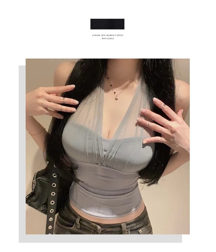 한국 동대문 새로운 일상 한 부서 몸매 가꾸기 섹시함 ~을 통해 센스 망사 패치워크 행침 목 조끼 순수한 욕망 맨위 여성 상세 이미지 1