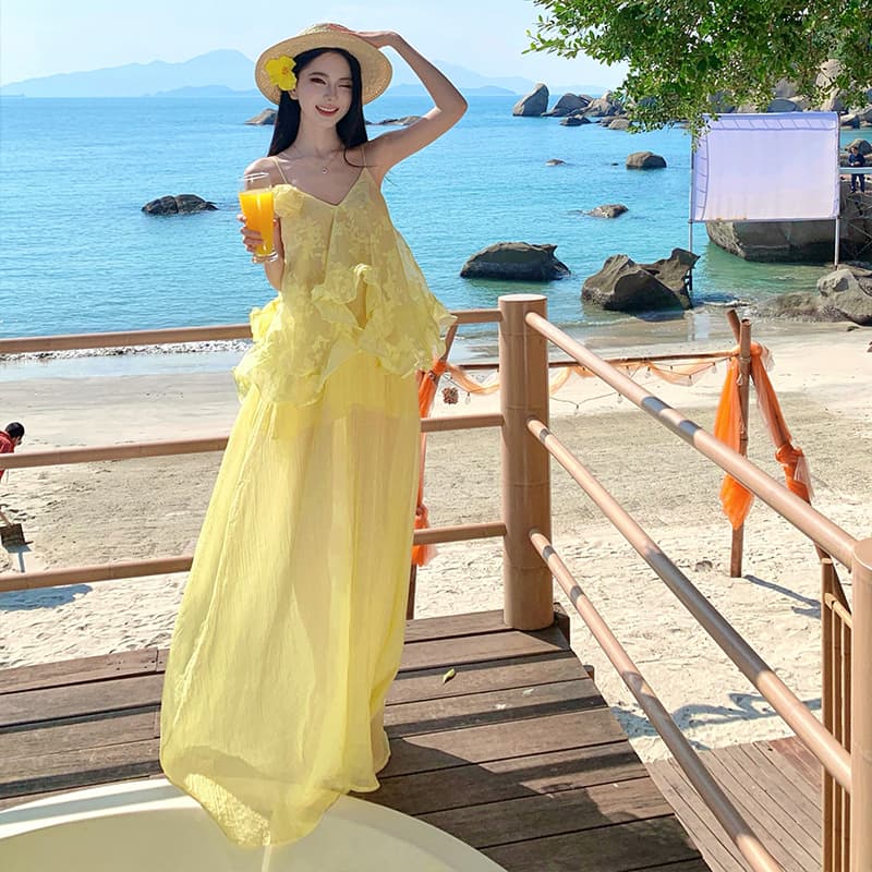 여름 새로운 황색 프릴 V넥 슬립 드레스 불규칙 해변가 휴가 바람 롱 스커트 이미지 5