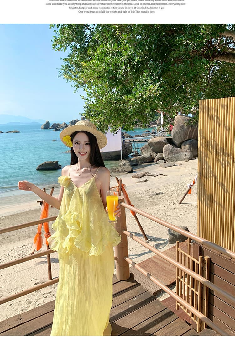 여름 새로운 황색 프릴 V넥 슬립 드레스 불규칙 해변가 휴가 바람 롱 스커트 상세 이미지 6