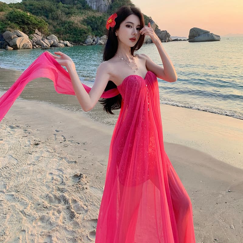 도파민 휴가 바람 로즈 레드 튜브탑 리본 여성 드레스 해변가 사진 찍기 아름다운 품격 요정 길다 치마 이미지 6
