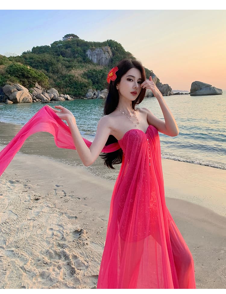 도파민 휴가 바람 로즈 레드 튜브탑 리본 여성 드레스 해변가 사진 찍기 아름다운 품격 요정 길다 치마 상세 이미지 4