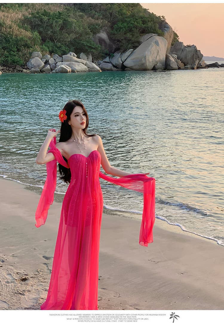 도파민 휴가 바람 로즈 레드 튜브탑 리본 여성 드레스 해변가 사진 찍기 아름다운 품격 요정 길다 치마 상세 이미지 7