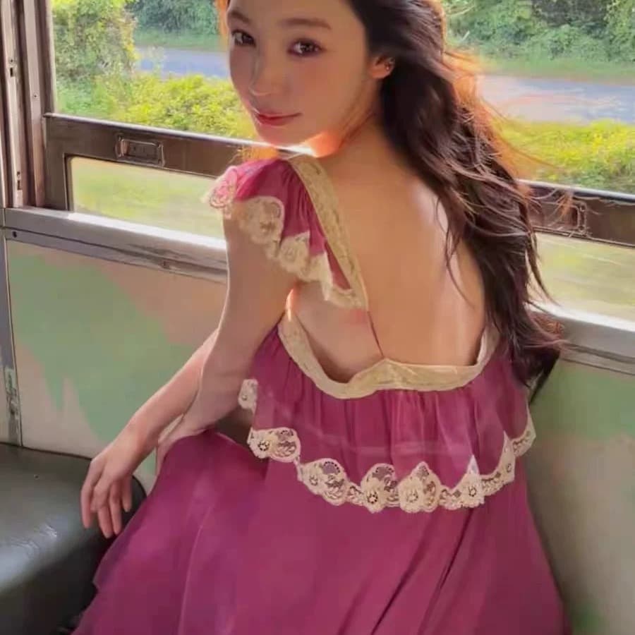 쉬운 꿈 링 같은 단락 분말 보라색 쉬폰 레이스 레이스 슬립 여성 드레스 여름 해변가 휴가 바람 섹시함 롱 스커트 이미지 4