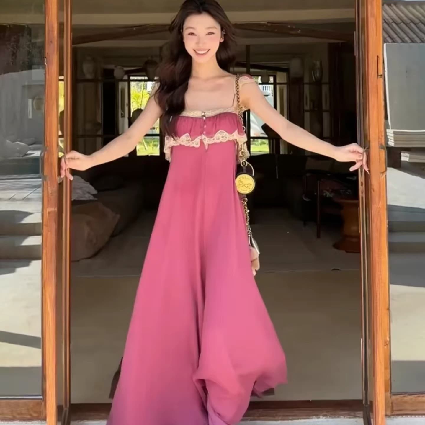 쉬운 꿈 링 같은 단락 분말 보라색 쉬폰 레이스 레이스 슬립 여성 드레스 여름 해변가 휴가 바람 섹시함 롱 스커트 이미지 5