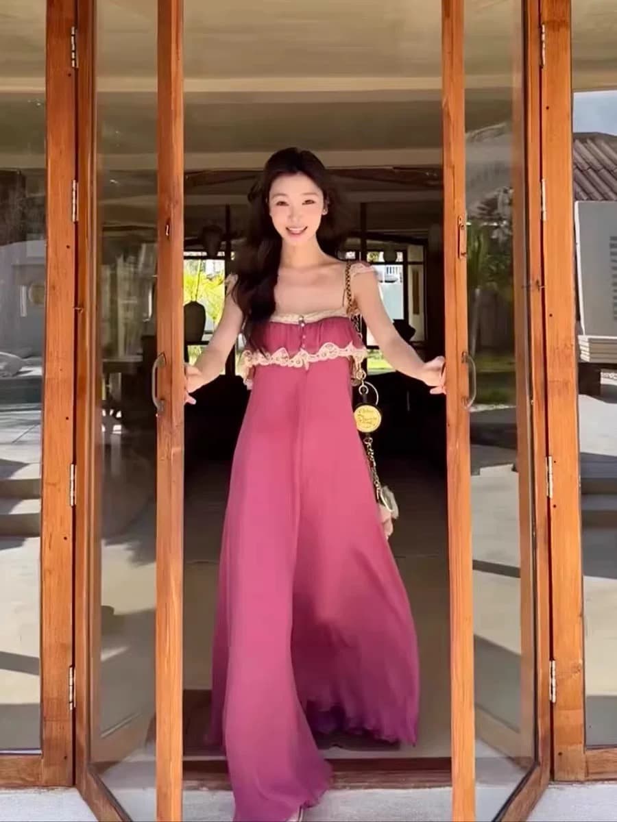 쉬운 꿈 링 같은 단락 분말 보라색 쉬폰 레이스 레이스 슬립 여성 드레스 여름 해변가 휴가 바람 섹시함 롱 스커트 상세 이미지 1