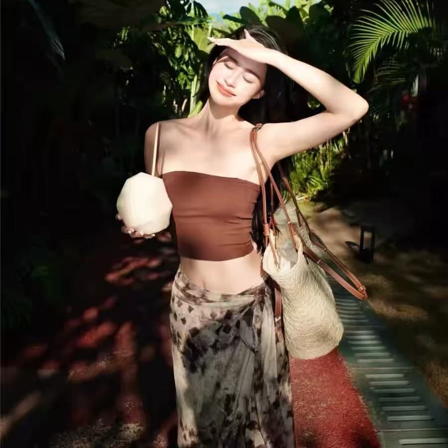 커피 색상 휴가 여행 해변 드레스 하나 슬라이스 쉬폰 반신 스커트 롱 스커트 여성 가을 튜브탑 투피스 세트 이미지 3