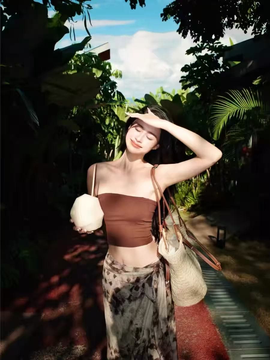 커피 색상 휴가 여행 해변 드레스 하나 슬라이스 쉬폰 반신 스커트 롱 스커트 여성 가을 튜브탑 투피스 세트 상세 이미지 6