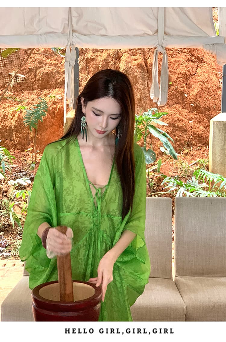 느긋한 바람 낭만주의 녹색 롱 스커트 여름 새로운 얇고 가벼운 시스루 센스 휴가 해변 드레스 상세 이미지 13