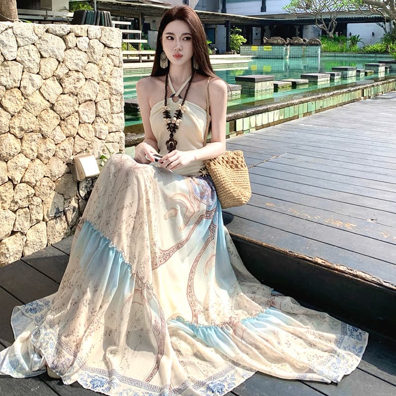 2026 여름 새로운 휴가 품격 루즈핏 행침 목 슬림해 보이는 민소매 프린트 롱 코트 패치워크 페이크 레이어드 드레스 이미지 2