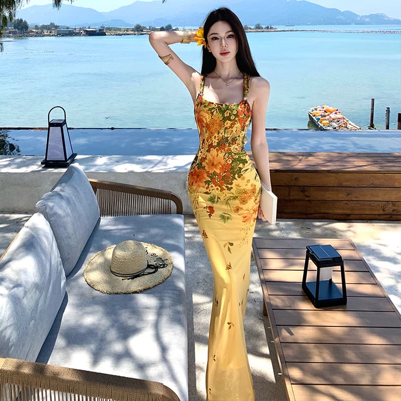 황색 꽃무늬 백리스 행침 목 여성 드레스 여름 해변가 휴가 바람 섹시함 순수한 욕망 허리 수축 타이트 스커트 길다 치마 이미지 6