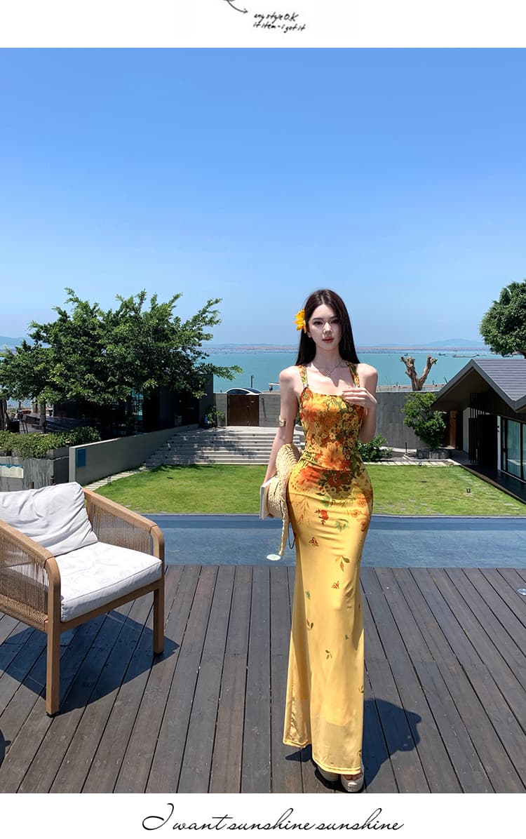 황색 꽃무늬 백리스 행침 목 여성 드레스 여름 해변가 휴가 바람 섹시함 순수한 욕망 허리 수축 타이트 스커트 길다 치마 상세 이미지 11