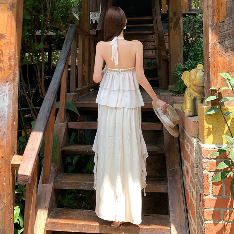 불규칙 프릴 행침 목 조끼 여성 여름 보헤미안 바람 세트 핫픽스 반신 스커트 쉬폰 투피스 세트 이미지 4