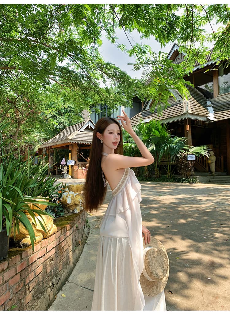 불규칙 프릴 행침 목 조끼 여성 여름 보헤미안 바람 세트 핫픽스 반신 스커트 쉬폰 투피스 세트 상세 이미지 16