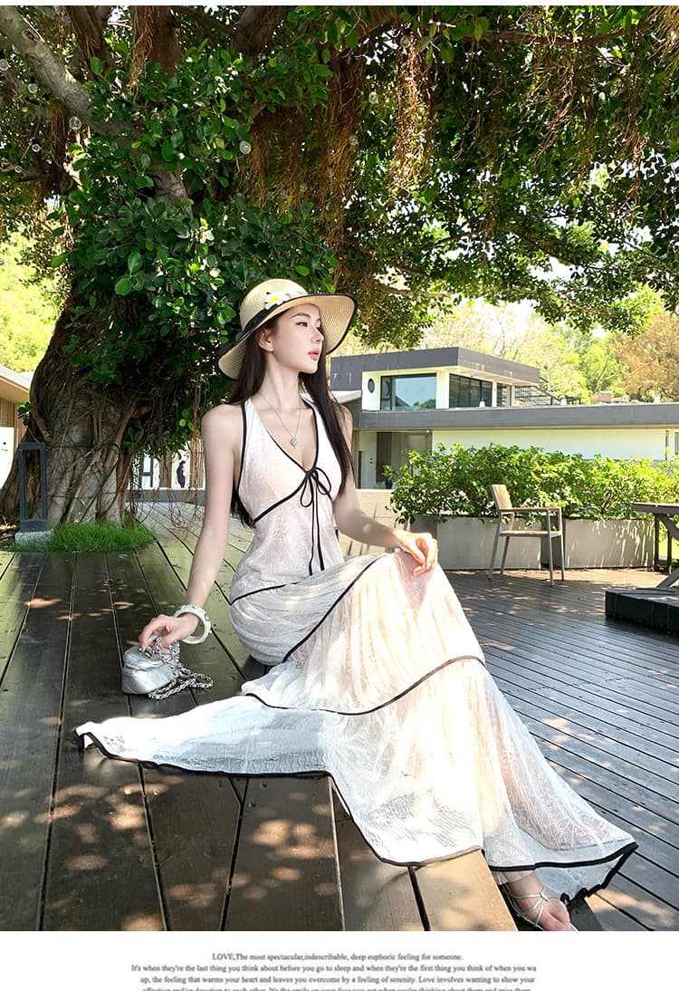 휴가 레이스 V넥 배색 명시적 스티치 행침 목 백리스 도루 가을 망사 대 치마 케이크 드레스 상세 이미지 5