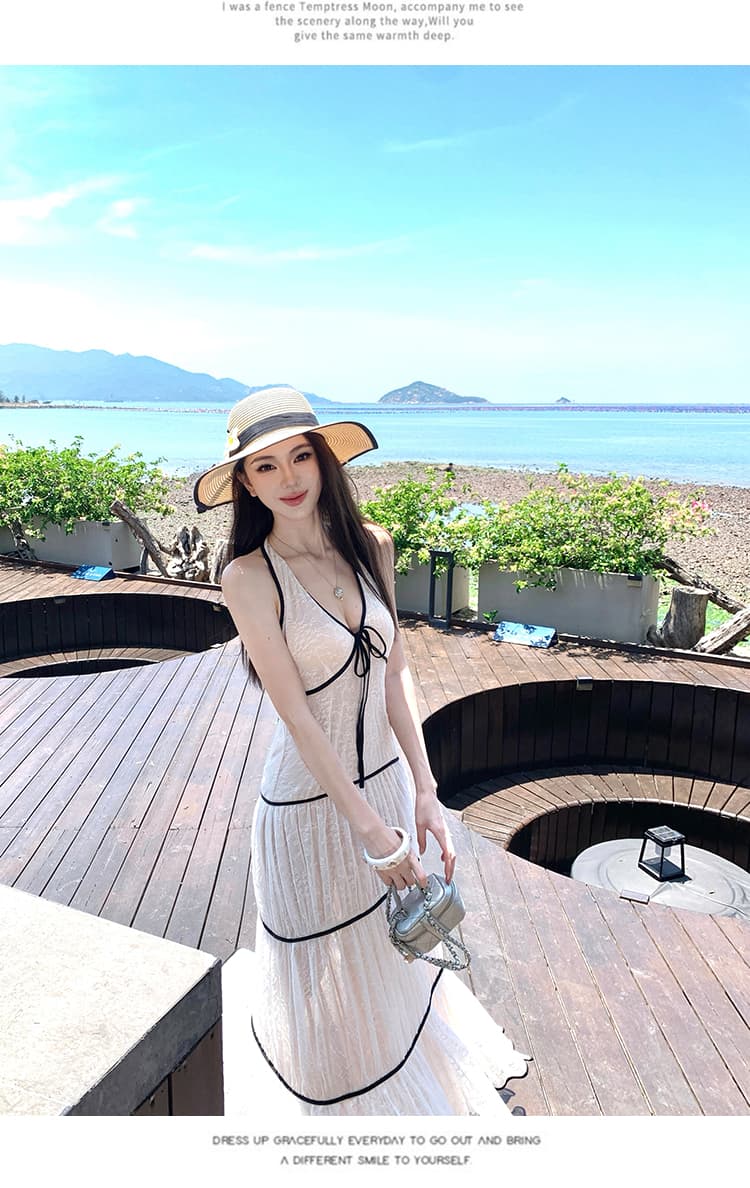 휴가 레이스 V넥 배색 명시적 스티치 행침 목 백리스 도루 가을 망사 대 치마 케이크 드레스 상세 이미지 9