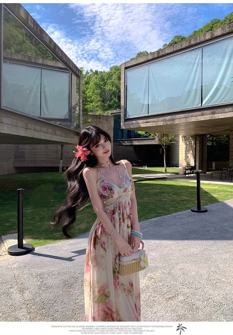 프랑스식 레이스 조각 꽃무늬 슬립 여성 드레스 여름 백리스 큰 진자 치마 휴가 품격 한 마디 롱 스커트 상세 이미지 7