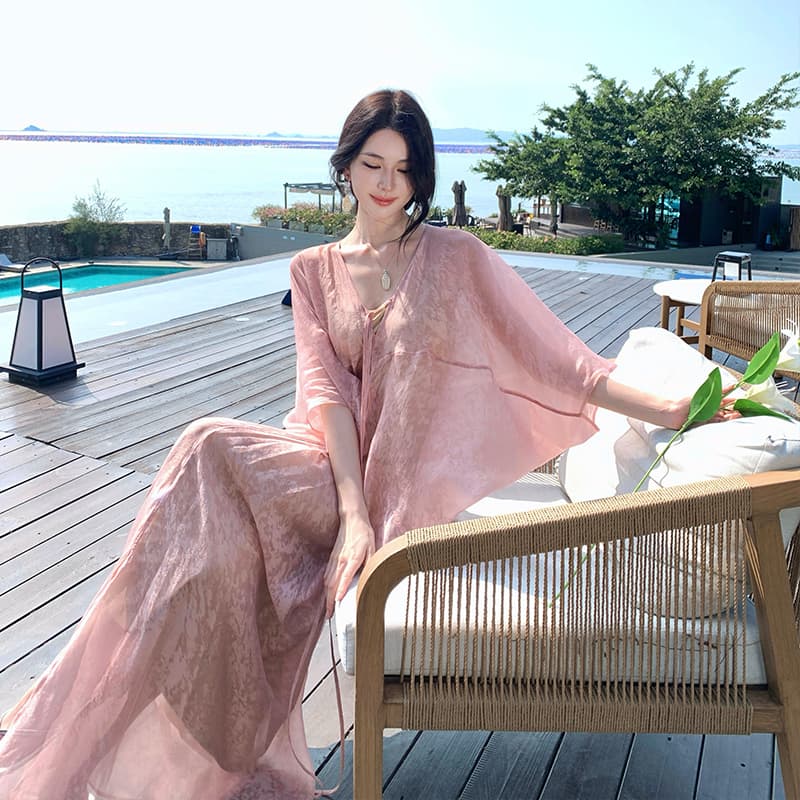 새로운 중식 느슨함 센스 자카드 V넥 스트랩 드레스 슬림해 보이는 국풍 휴가 롱 스커트 이미지 2