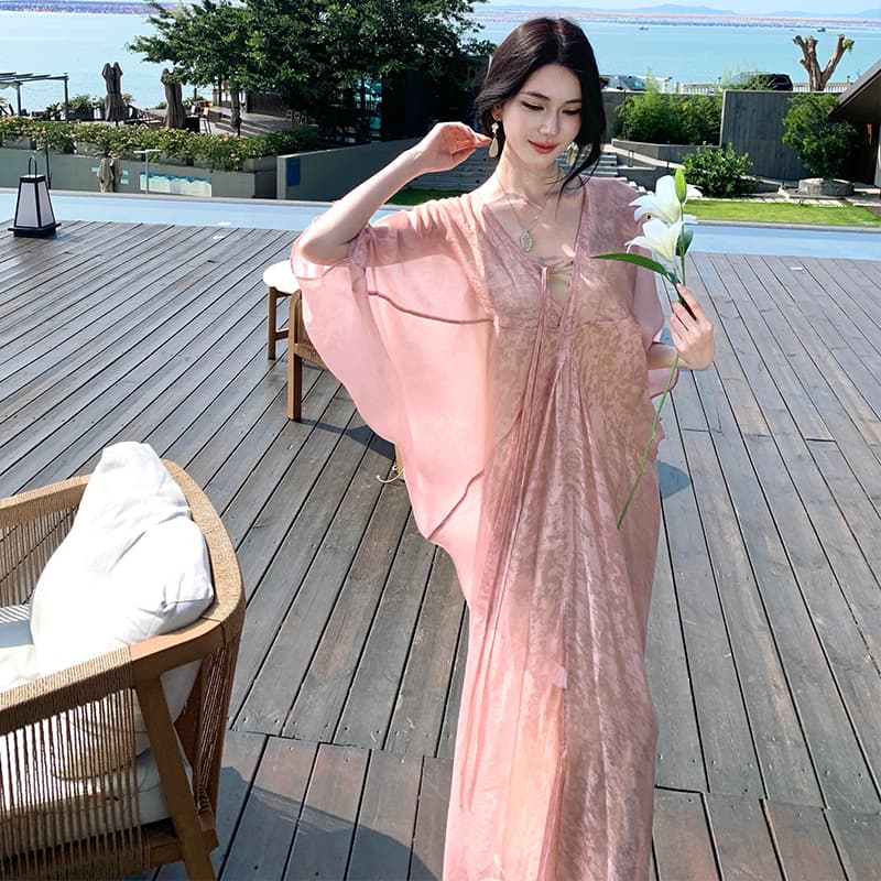 새로운 중식 느슨함 센스 자카드 V넥 스트랩 드레스 슬림해 보이는 국풍 휴가 롱 스커트 이미지 3