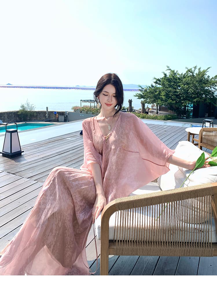 새로운 중식 느슨함 센스 자카드 V넥 스트랩 드레스 슬림해 보이는 국풍 휴가 롱 스커트 상세 이미지 1