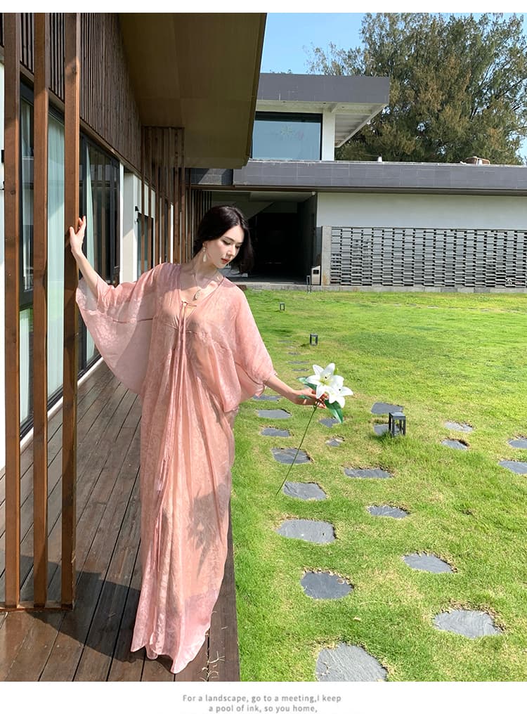 새로운 중식 느슨함 센스 자카드 V넥 스트랩 드레스 슬림해 보이는 국풍 휴가 롱 스커트 상세 이미지 8