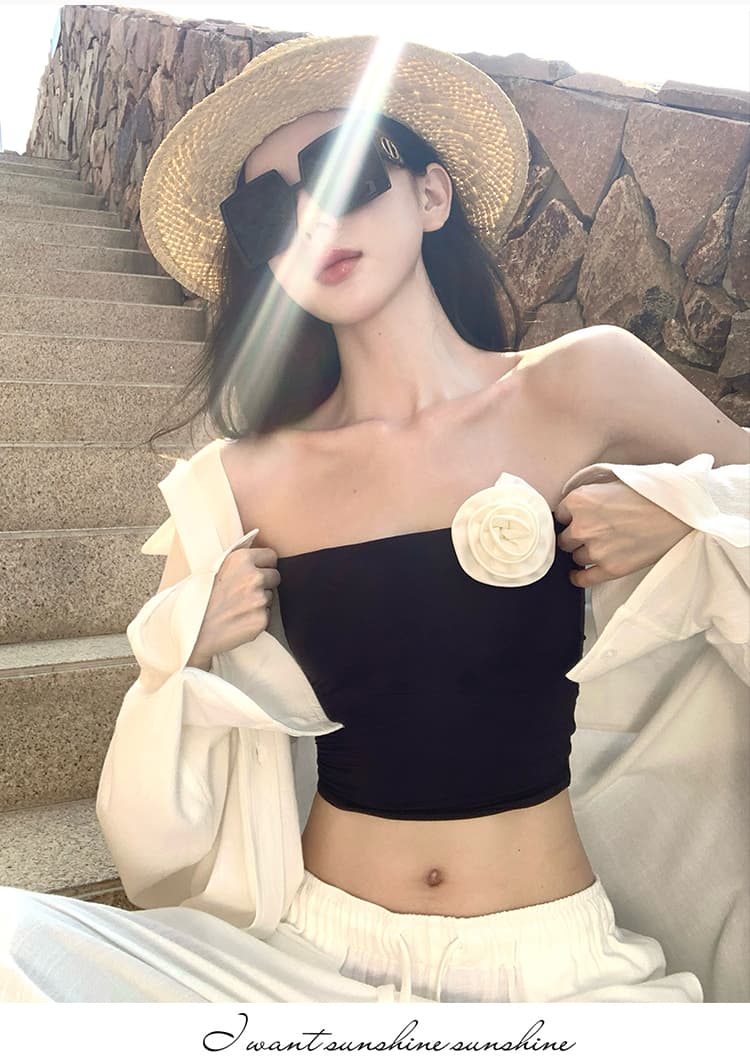 캐주얼 세트 화이트 셔츠 재킷 인사이드 가져 가라. 튜브탑 조끼 여성 여름 로우 웨이스트 와이드 레그 팬츠 바닥 청소 바지 3종 세트 상세 이미지 11
