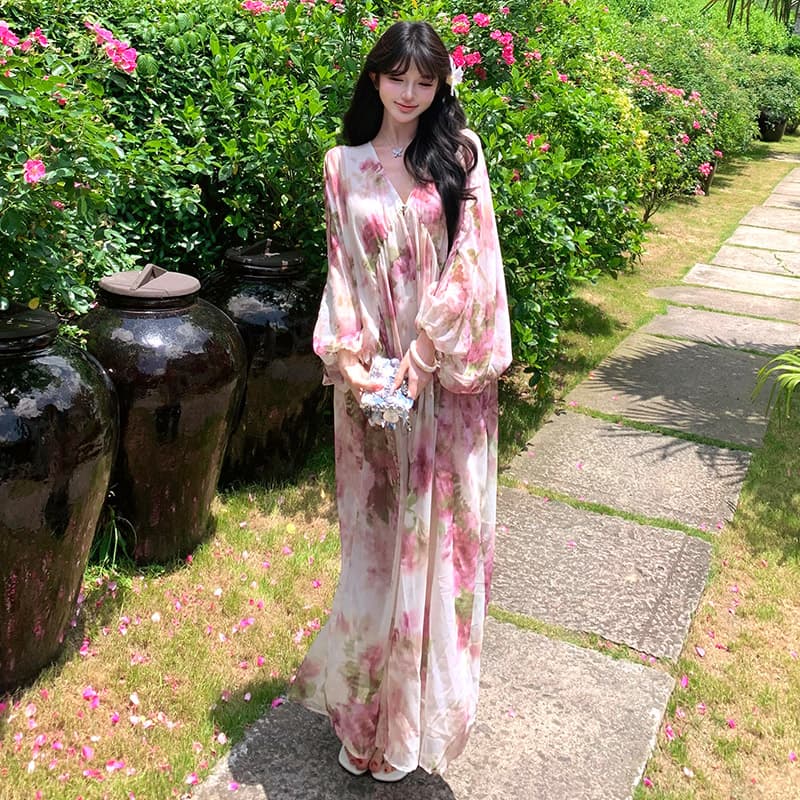 부드러운 바람 꽃무늬 여성 드레스 여름 품격 디자인 센스 레트로 V넥 해변가 착용 가져 가라. 루즈핏 휴가 치마 이미지 4