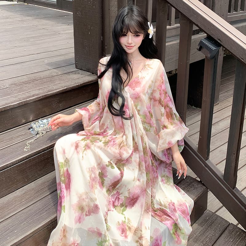 부드러운 바람 꽃무늬 여성 드레스 여름 품격 디자인 센스 레트로 V넥 해변가 착용 가져 가라. 루즈핏 휴가 치마 이미지 5
