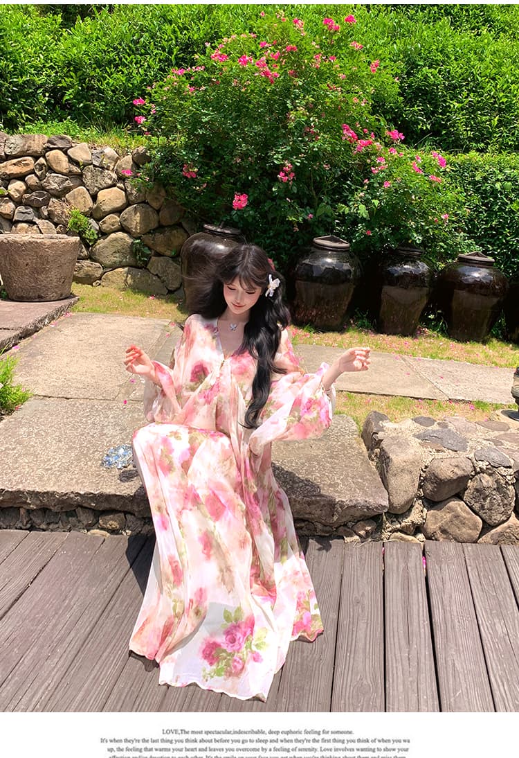 부드러운 바람 꽃무늬 여성 드레스 여름 품격 디자인 센스 레트로 V넥 해변가 착용 가져 가라. 루즈핏 휴가 치마 상세 이미지 5