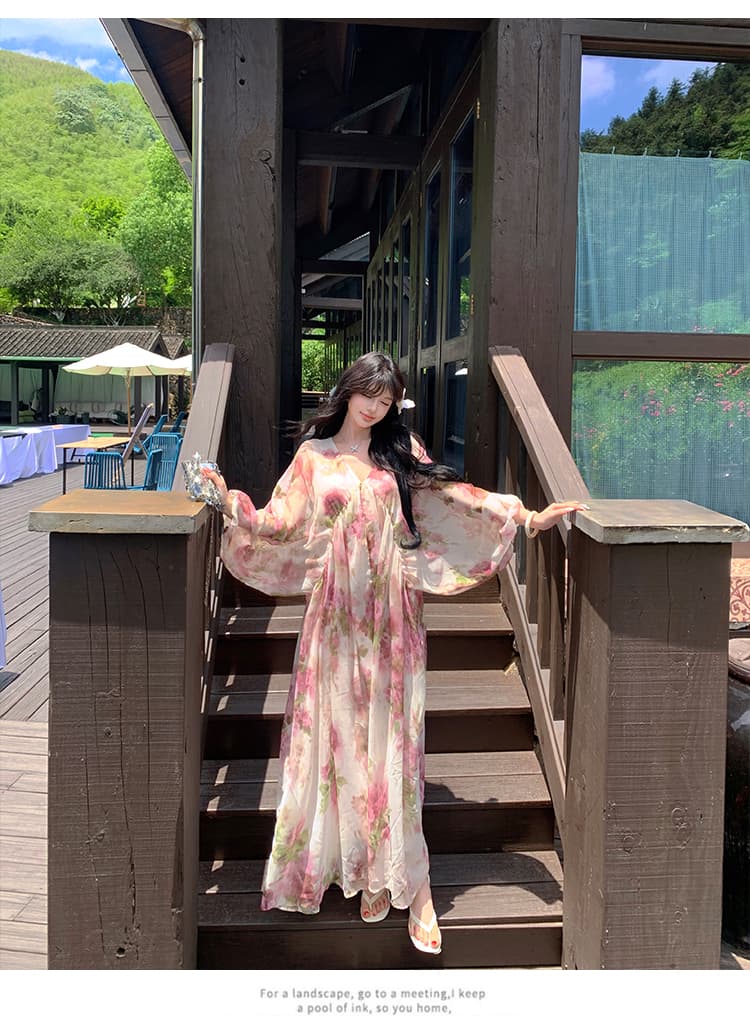 부드러운 바람 꽃무늬 여성 드레스 여름 품격 디자인 센스 레트로 V넥 해변가 착용 가져 가라. 루즈핏 휴가 치마 상세 이미지 8