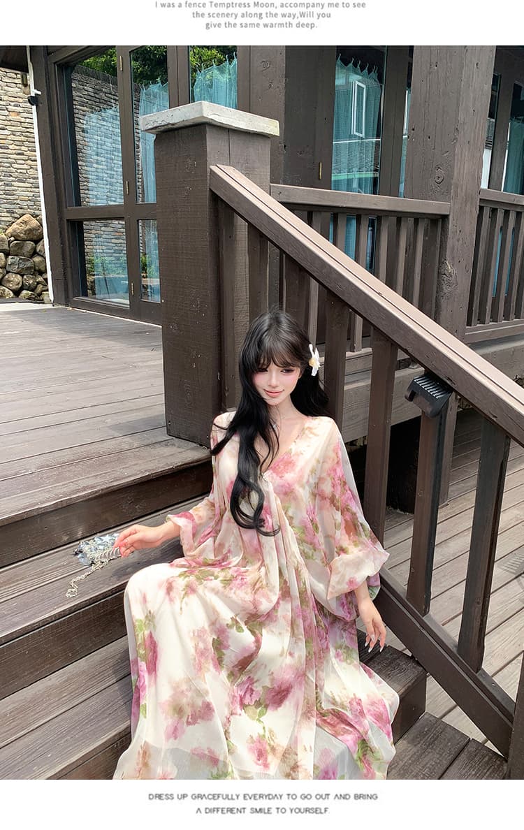 부드러운 바람 꽃무늬 여성 드레스 여름 품격 디자인 센스 레트로 V넥 해변가 착용 가져 가라. 루즈핏 휴가 치마 상세 이미지 9