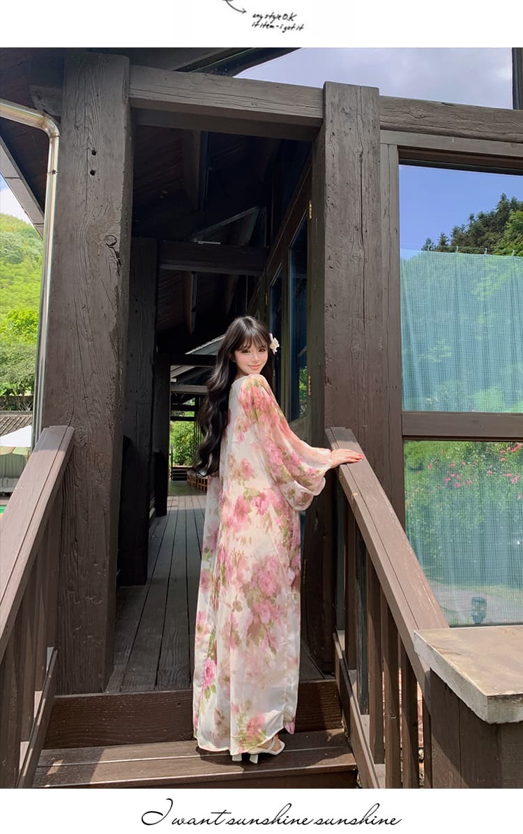 부드러운 바람 꽃무늬 여성 드레스 여름 품격 디자인 센스 레트로 V넥 해변가 착용 가져 가라. 루즈핏 휴가 치마 상세 이미지 11