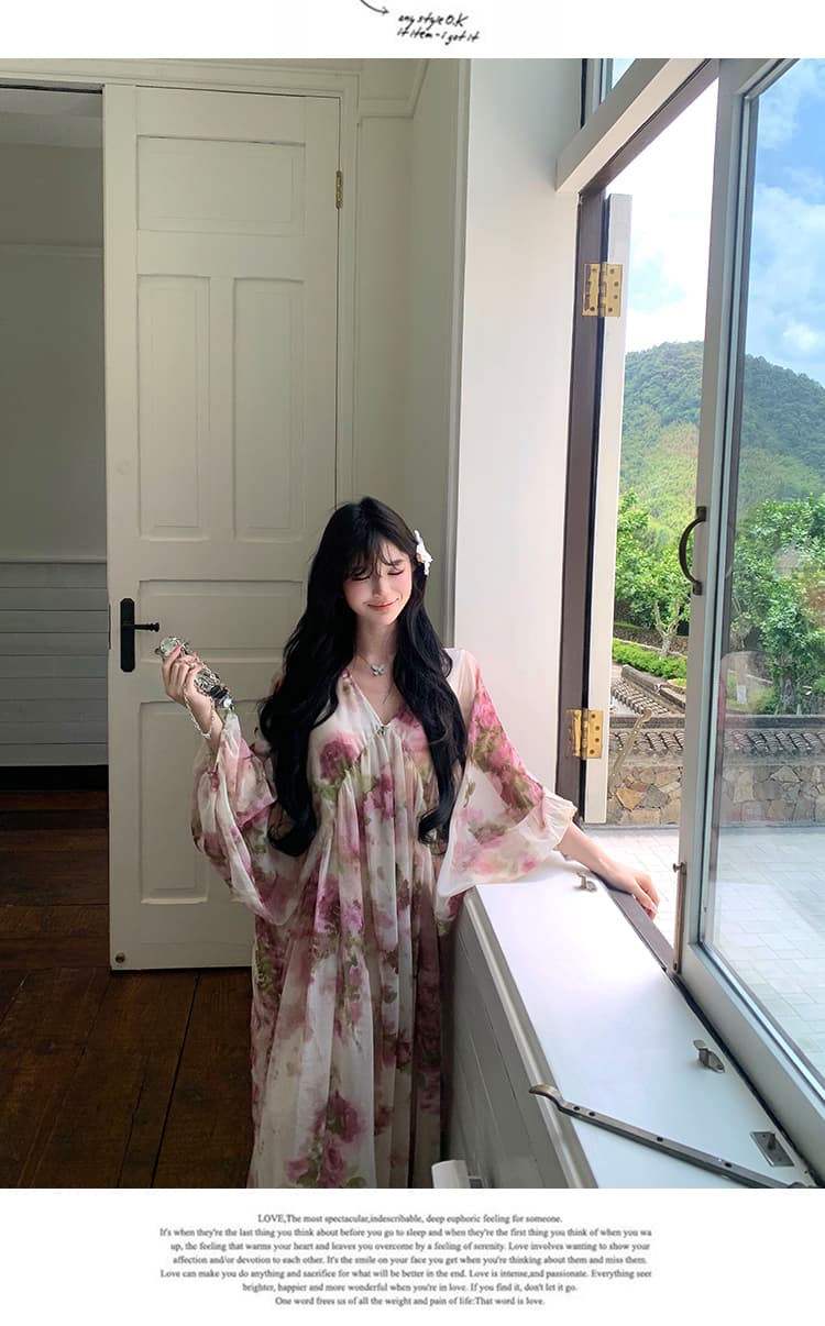 부드러운 바람 꽃무늬 여성 드레스 여름 품격 디자인 센스 레트로 V넥 해변가 착용 가져 가라. 루즈핏 휴가 치마 상세 이미지 15