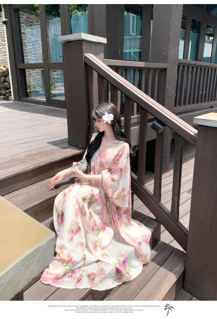 부드러운 바람 꽃무늬 여성 드레스 여름 품격 디자인 센스 레트로 V넥 해변가 착용 가져 가라. 루즈핏 휴가 치마 상세 이미지 17