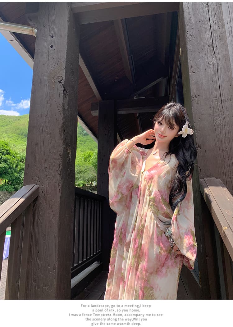 부드러운 바람 꽃무늬 여성 드레스 여름 품격 디자인 센스 레트로 V넥 해변가 착용 가져 가라. 루즈핏 휴가 치마 상세 이미지 18
