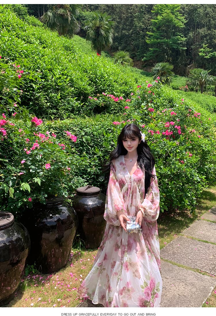 부드러운 바람 꽃무늬 여성 드레스 여름 품격 디자인 센스 레트로 V넥 해변가 착용 가져 가라. 루즈핏 휴가 치마 상세 이미지 19